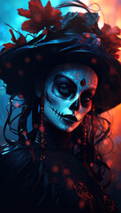 Fototapeta na wymiar femme maquillée et déguisée pour le festival des morts au Mexique le 2 novembre avec des colliers et des roses dans les cheveux
