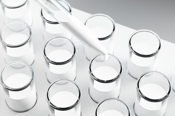 Drops of milk in a tube, science, research or milk test. 3D rendering