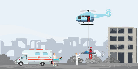 Rescue helicopter and Emergency rescue people from natural disaster.