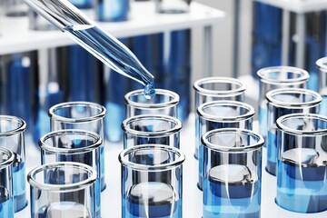 Blue chemical solution dripping into test tube. scientific research or examination. 3D rendering