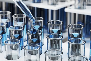 Blue chemical solution dripping into test tube. scientific research or examination. 3D rendering