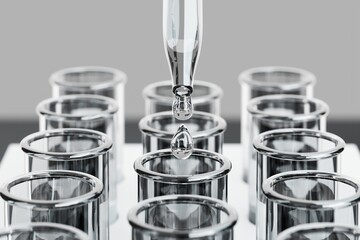 Drops of vaccine water or serum in a science tube, scientific research or examination. 3D rendering