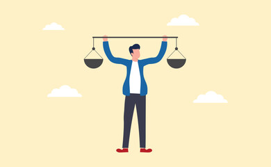 Comparison advantage and disadvantage, integrity or honest truth, pros and cons or measurement, judge or ethical, decision or balance concept, businessman comparing scale to be equal, fair measuring.