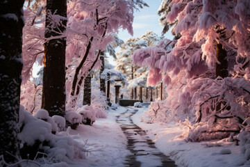 Obraz premium Winter Wonderland: Scenic Forest Landscape with Frosty Trees and Snowy Branches in Chilly Environment. A frosty winter forest scene, snow-covered trees and icy branches.