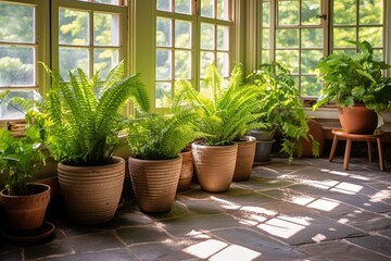 potted ferns placed around the floor of a sunlit sunroom