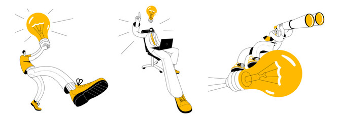 Man with idea, a character looking for idea, man in business clothes flying on light bulb. Set of vector illustrations in linear style. Topic of investor search, development of idea.
