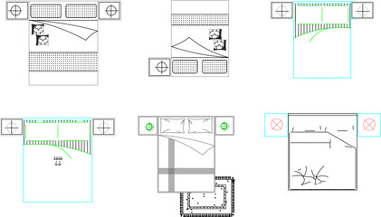 vector illustration of a detailed sketch of the interior of a bedroom with a top view of the mattress