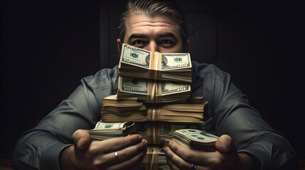 Close up american man with a stack of US one hundred dollar bills in his hands - obrazy, fototapety, plakaty