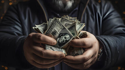 Close up american man with a stack of US one hundred dollar bills in his hands