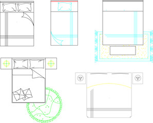 vector illustration of a detailed sketch of the interior of a bedroom with a top view of the mattress