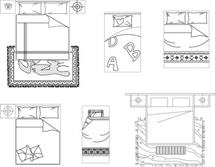 vector illustration of a detailed sketch of the interior of a bedroom with a top view of the mattress