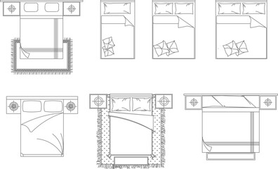vector illustration of a detailed sketch of the interior of a bedroom with a top view of the mattress
