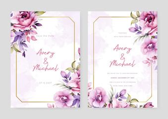 Pink and purple violet peony vector wedding invitation card set template with flowers and leaves watercolor