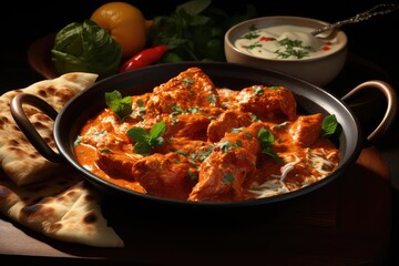 bowl of hearty Indian butter chicken with naan bread