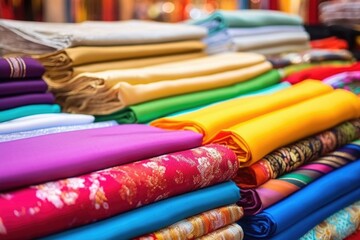 close-up of colorful fabric piles in the sewing factory