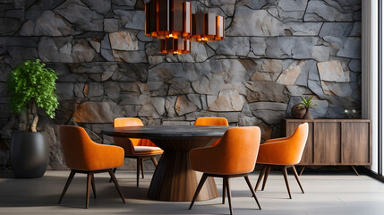 wooden round dining table and chairs against of stone 3d panel wall. Interior design of modern...