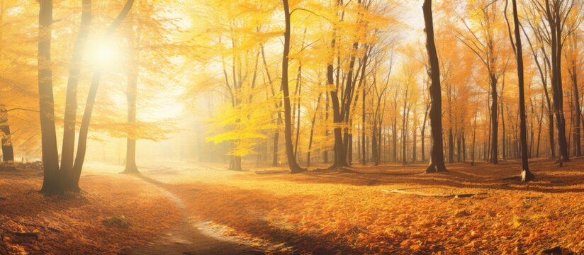 Beautiful autumn forest panorama with warm sunshine