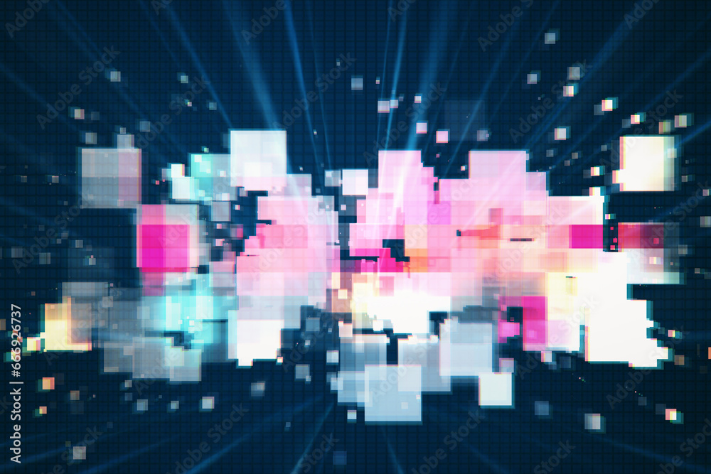 Poster Creative pixels on abstract dark blue texture. Landing page and innovation concept. 3D Rendering.