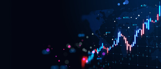 Creative glowing candlestick forex chart and map on blurry wide grid background with mock up place....