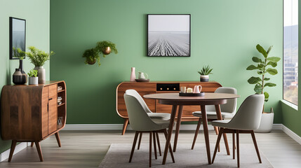 Wooden round dining table and light green barrel chairs against window. Dark wood cabinet near green wall. Scandinavian or mid-century interior design of modern living room