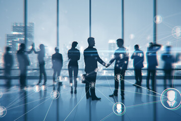Businesspeople silhouettes on blurry office interior background with city view and network lines. Teamwork, CEO, success and finance concept. Double exposure.