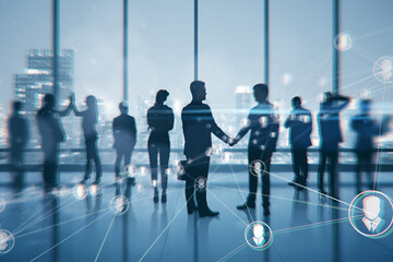 Businesspeople silhouettes on blurry office interior background with city view and network lines....