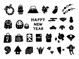 手描きのお正月アイコンセット　モノクロ
