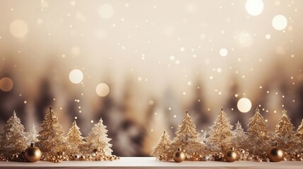 Fototapeta na wymiar Golden Christmas background with christmas trees, magic lights and show
