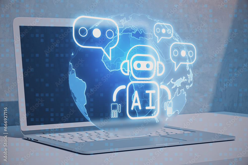 Poster Close up of laptop computer on desk with creative glowing robot and globe ai hologram on blurry background. Machine learning, artificial intelligence and innovation concept. 3D Rendering.