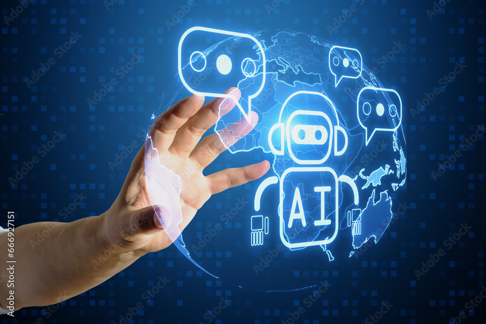Poster close up of businessman hand using creative glowing robot and globe ai hologram on blurry blue backg