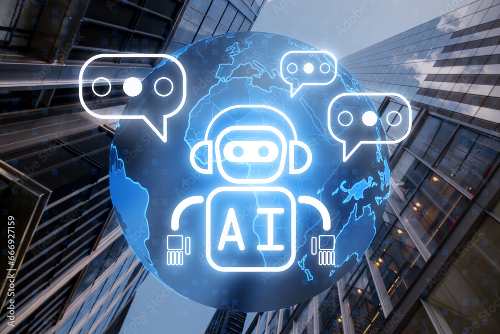 Poster creative glowing robot and globe ai hologram on blurry city buildings background. machine learning, 