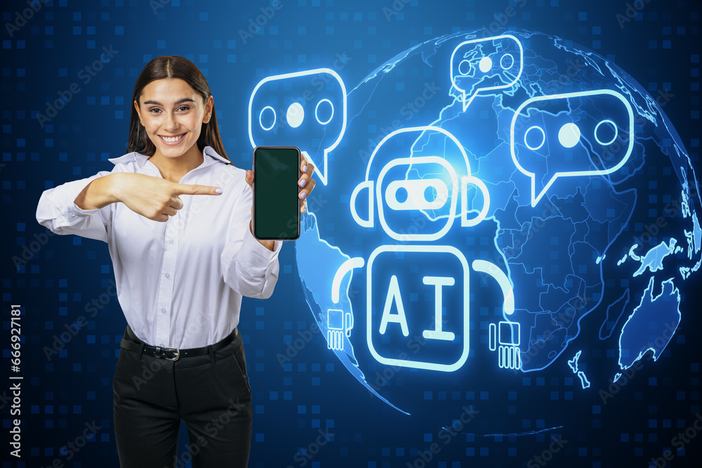Poster attractive happy young european businesswoman pointing at mobile phone with creative glowing robot a