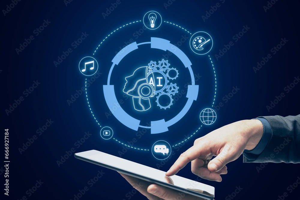 Poster Close up of man hand pointing at tablet with creative glowing round head outline ai hologram on blurry blue background. Machine learning, artificial intelligence and innovation concept.