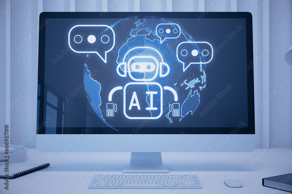 Fototapete Close up of computer monitor on desk with creative glowing robot and globe ai hologram on blurry background. Machine learning, artificial intelligence and innovation concept. 3D Rendering.