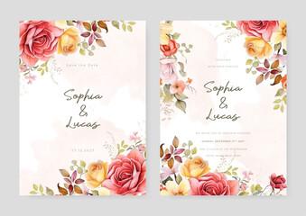 Red and yellow rose beautiful wedding invitation card template set with flowers and floral