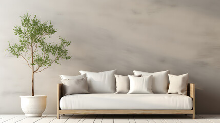 Fototapeta na wymiar Wooden rustic sofa with white cushions and potted tree against wall with copy space. Scandinavian interior design of modern stylish living room