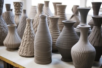 collection of crafted cement vases in various stages of dryness - obrazy, fototapety, plakaty