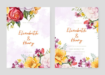 Red purple violet and orange rose and cosmos set of wedding invitation template with shapes and flower floral border