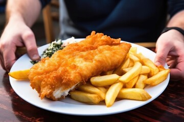 grabbing a chip from a fish and chips plate