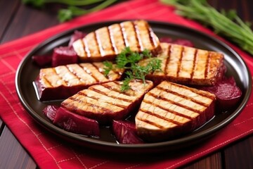 high angle shot of grilled tofu steaks on a maroon plate