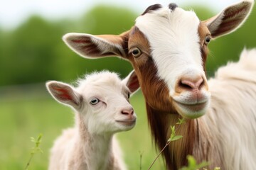 close-up of nanny-goat with kids in green pastures - obrazy, fototapety, plakaty
