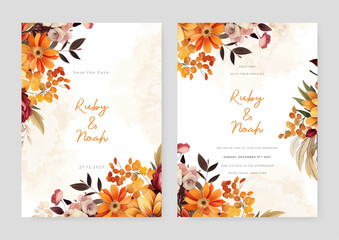 Orange and beige cosmos and peony luxury wedding invitation with golden line art flower and botanical leaves, shapes, watercolor