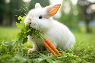 a white rabbit eating carrots on green grass