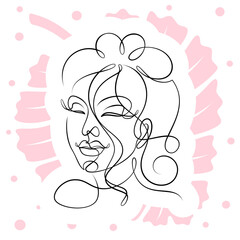 International Women's Day minimal design line drawing style. Portrait of young woman beauty face isolated on pink leaf background. Vector for Spa, fashion, hairdressing and beautiful artwork design.