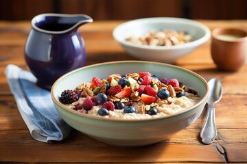 a bowl of porridge with mixed berries and nuts on a breakfast table