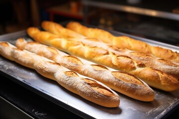 a tray of freshly baked baguettes at a bakery