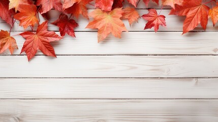 Autumn Background, A Top View of Vibrant Red Leaves on a Wooden Background - Creating a Seasonal Canvas with Copy Space for Autumnal Creativity, Fall Background
