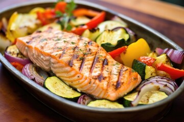 close-up of a grilled salmon fillet on a bed of vegetables