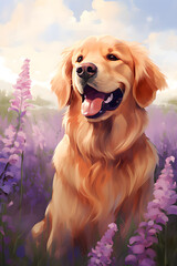 Golden Retriever in a lavender field