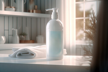 Bote de jabón con dosificador o crema en cuarto de baño composición central, mockup - obrazy, fototapety, plakaty